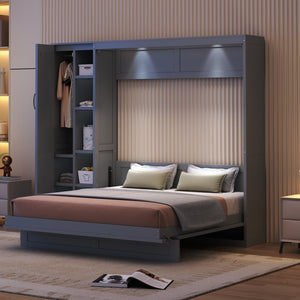 English Elm Queen Murphy Wall Bed with Led Lighting Open Shelves and Wardrobe Cabinet Storage LP000899AAE