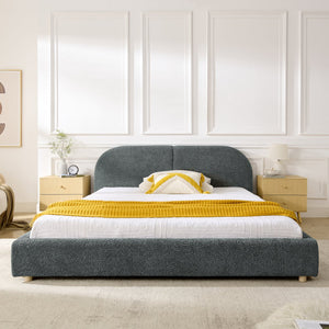 English Elm Queen Upholstered Bed with Tall Curved Headboard Soft Textured Fabric Modern Bedroom Dark Gray W487S00483