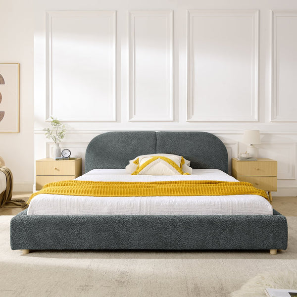 English Elm Queen Upholstered Bed with Tall Curved Headboard Soft Textured Fabric Modern Bedroom Dark Gray W487S00483