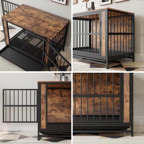 English Elm Dog Crate Furniture Table with Dual Sliding Doors Rustic Wood Mdf Pet House W840P203068