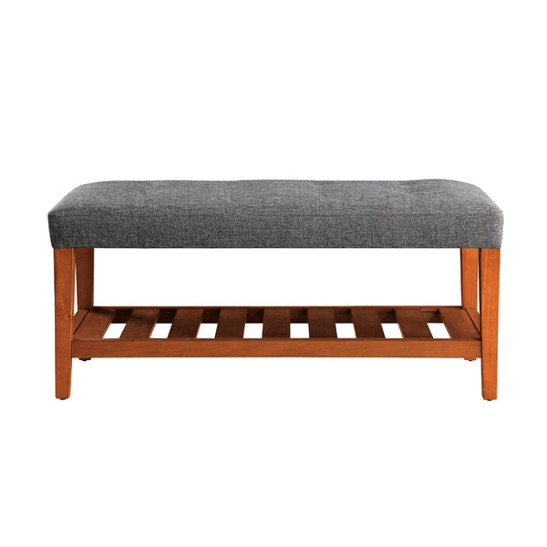 English Elm Fabric Upholstered Bench with Tufted Padded Seat, Open Lower Shelf, Tapered Wood Legs, 43"L Gray,Oak B016P311083