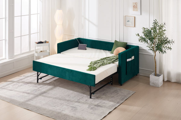 English Elm Twin Velvet Upholstered Daybed with Trundle, V-Pattern Backrest, USB Port, Side Pockets, Sturdy Design Emerald W1361S00043