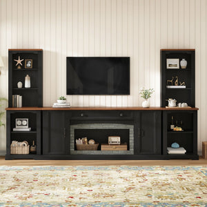 English Elm 3-piece Farmhouse Entertainment Center with Curved Cabinets Walnut Mdf Modular Living Room Black N721S000068B