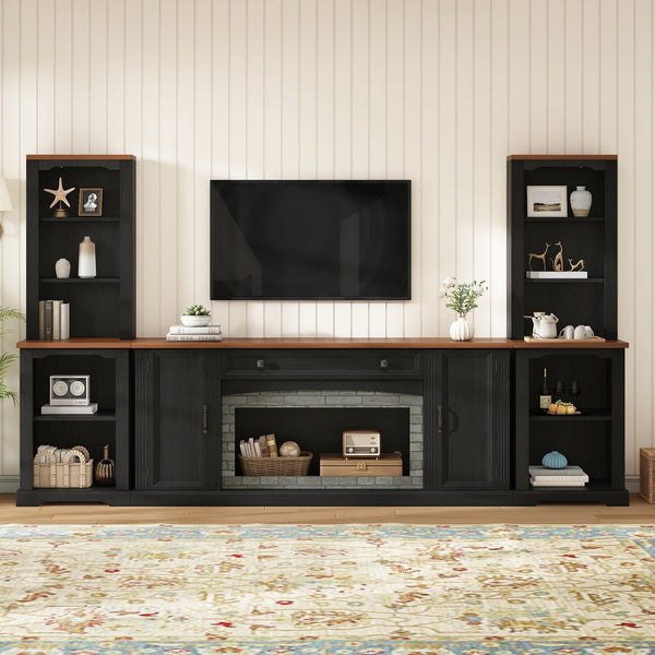 English Elm 3-piece Farmhouse Entertainment Center with Curved Cabinets Walnut Mdf Modular Living Room Black N721S000068B