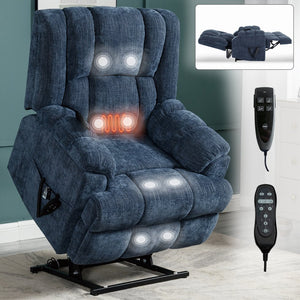 English Elm Dual Motor Power Lift Recliner Chenille Chair with Massage Heat and Infinite Positions Blue W3224P288489