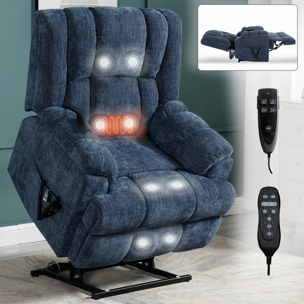 English Elm Dual Motor Power Lift Recliner Chenille Chair with Massage Heat and Infinite Positions Blue W3224P288489