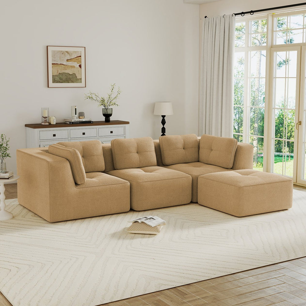 English Elm Modern Corduroy Sectional Sofa Tufted Deep Seat Couch with Movable Ottoman No Assembly Camel W714S01784