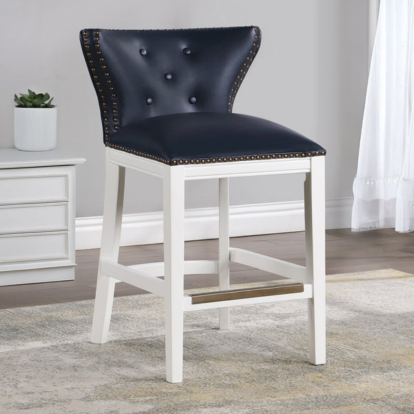 English Elm Macon Midnight Blue Faux Leather Counter Stool with Tufted Back, Antique Brass Nailhead Trim, White Wood Base B050P364431