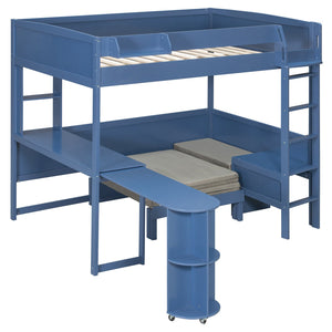 English Elm Full Size Loft Bed with Rotating Desk Led Lighting Sofa and Bookshelf Storage Navy Blue LT000200AAC