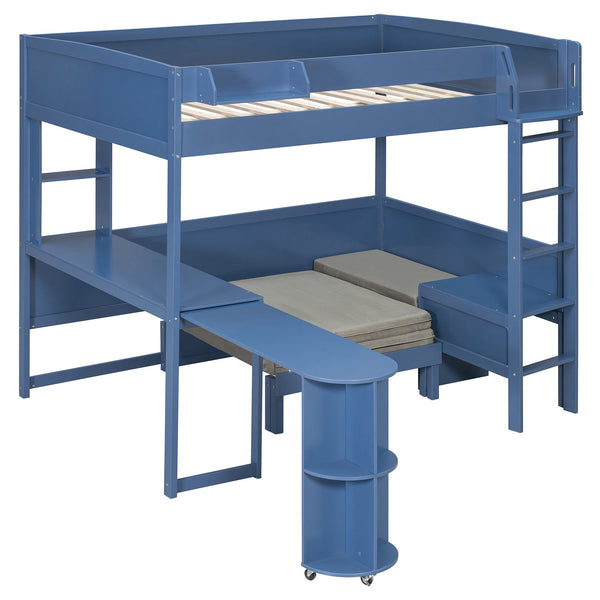 English Elm Full Size Loft Bed with Rotating Desk Led Lighting Sofa and Bookshelf Storage Navy Blue LT000200AAC