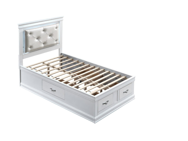 English Elm Lorana Glam Twin Storage Bed with Led Lighting and Tufted Faux Leather Headboard White B078S00694