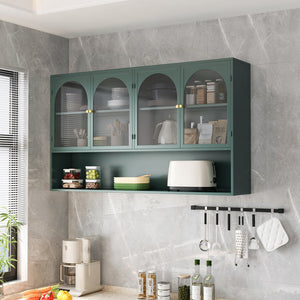English Elm 47.25" Four-door Glass Wall Cabinet Storage - Dark Green Iron & Tempered Glass, Space-Saving Rustic Chic W757P250949