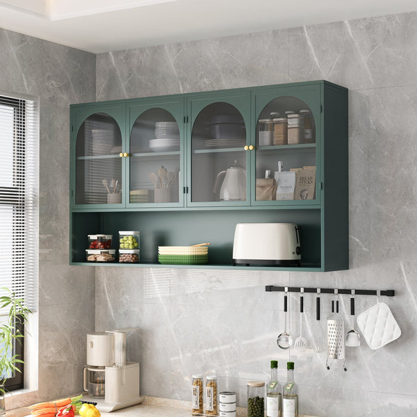 English Elm 47.25" Four-door Glass Wall Cabinet Storage - Dark Green Iron & Tempered Glass, Space-Saving Rustic Chic W757P250949