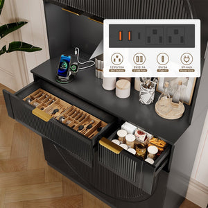 English Elm Pantry Hutch with Fluted Mdf Panels Charging Station Pegboard and Open Shelving T3773P416038