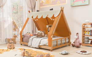 English Elm Twin Cabin Bed with Detachable Tent Skylight and Woodland Deer Antler Accents Brown N708P356717D