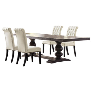 English Elm Vallerie Dramatic Trestle Dining Set with Upholstered Sloped Chairs, Distressed Noir Finish Elegance Black+Beige B062S01033