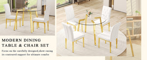 English Elm Table Modern 5-Piece Set: Round Clear Tempered Glass Table With Gold Legs & 4 White Pu Chairs W1151S03833-GIGA