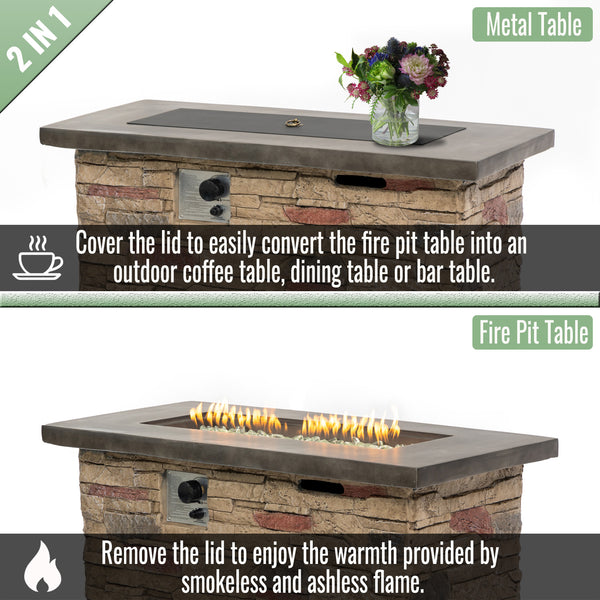 English Elm 42" Propane Fire Pit Table 50,000 BTU Rectangular MgO Top Hidden Tank Cover Glass Beads, ETL Reviewed W853P293858