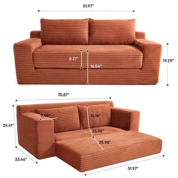 English Elm Loveseat Convertible Corduroy Sofa Bed with Memory Foam Steel Frame for Small Spaces Orange W2959P425085
