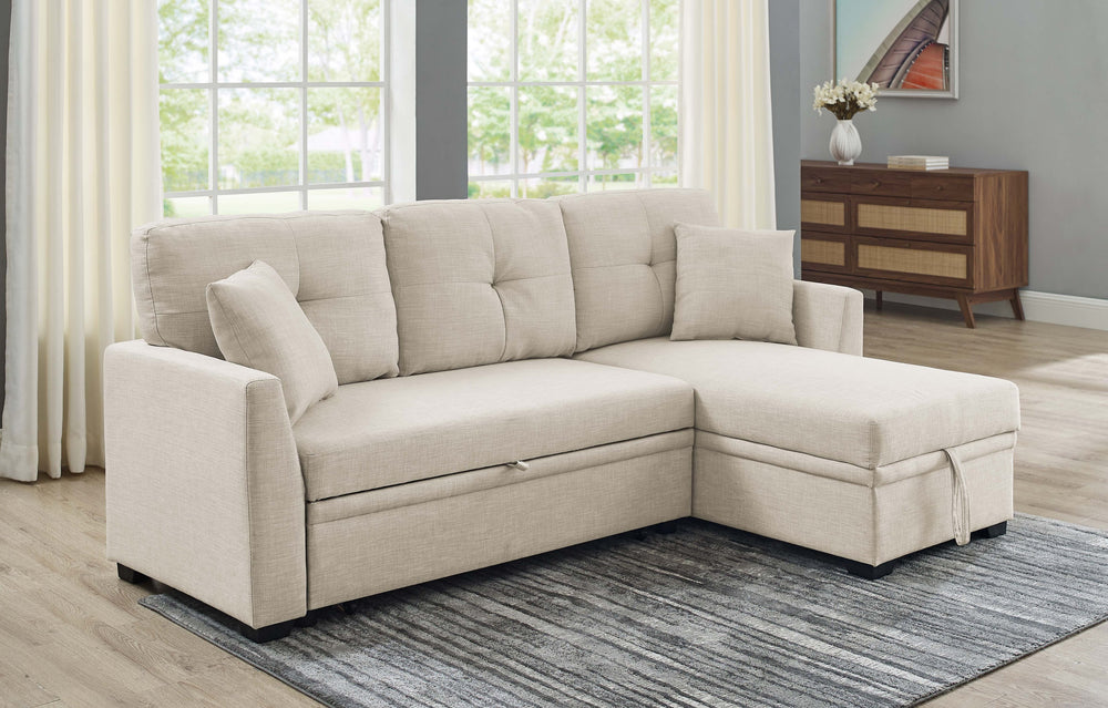 English Elm 76.5" Chenille Tufted Sectional Sleeper Sofa with Reversible Chaise and Hidden Storage Almond B2748S00001