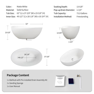 English Elm 63" Stone Resin Freestanding Soaking Tub Matte Sculpted Surface for Spa Bathroom W1920P410091