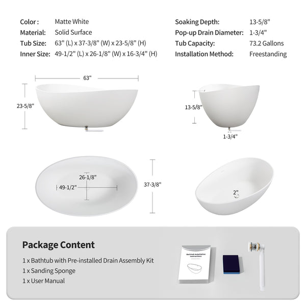 English Elm 63" Stone Resin Freestanding Soaking Tub Matte Sculpted Surface for Spa Bathroom W1920P410091