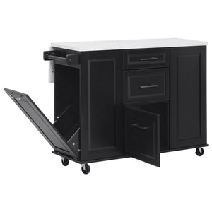 English Elm K&K Vintage Convex Kitchen Island Cart with Faux Marble Top, Tilt Trash, Pull-Out Organizer, Wheels Black N707P299008B