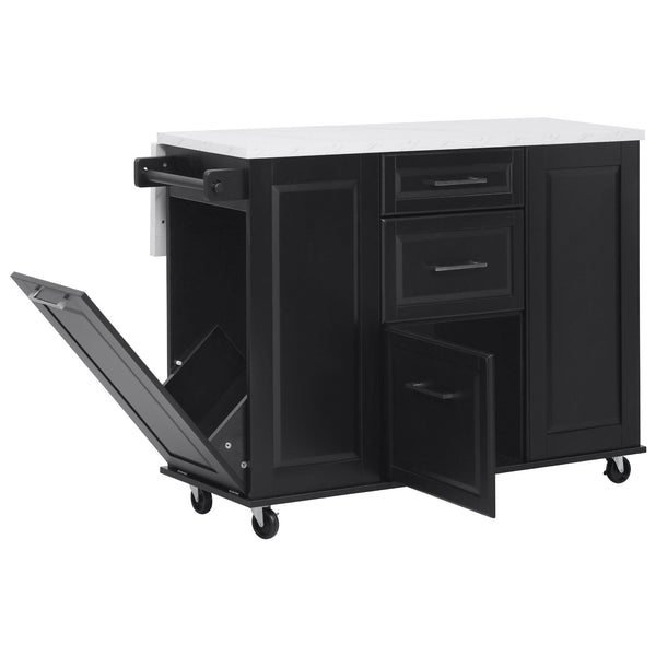 English Elm K&K Vintage Convex Kitchen Island Cart with Faux Marble Top, Tilt Trash, Pull-Out Organizer, Wheels Black N707P299008B