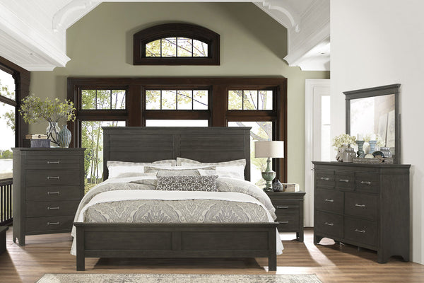 English Elm Charcoal Queen Panel Bed with Okume Veneer and Horizontal Accent Headboard — Rustic Transitional Design Charcoal grey 64.25 L x 39 W x 5.5 H B011S01205
