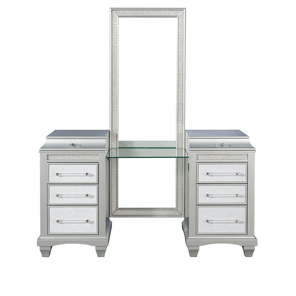 English Elm Glam Elegant Vanity Set with LED Mirror, Plush Stool, Ample Storage, Felt-Lined Drawers, Chic Finish Gray 24 L x 40 W x 36 H B2741S00671