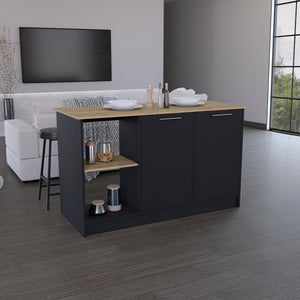 English Elm Kitchen Island With Ample Countertop, Open Shelves & Double Door Storage – Sleek Black & Macadamia B097S00185