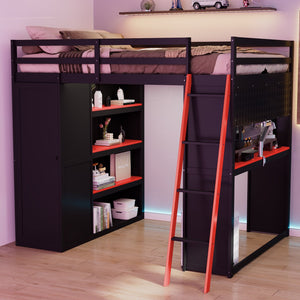 English Elm Full Size Wood Loft Bed with Wardrobe Desk Shelves Rgb Lighting and Blackout Curtains Black+Red LT000269AAJ-1