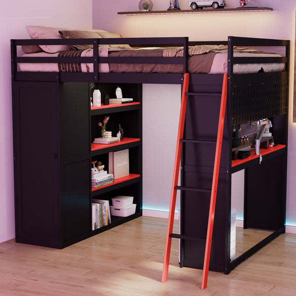 English Elm Full Size Wood Loft Bed with Wardrobe Desk Shelves Rgb Lighting and Blackout Curtains Black+Red LT000269AAJ-1