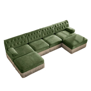 English Elm 4-seater Modular Sectional with Ottomans Tufted Fleece Sofa Tassel Skirt Retro Luxe Green W714S01714