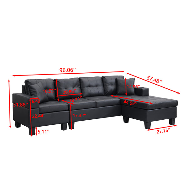 English Elm Sectional Faux Leather L Shape Sofa with Reversible Chaise and Cup Holder Modern W311S00062