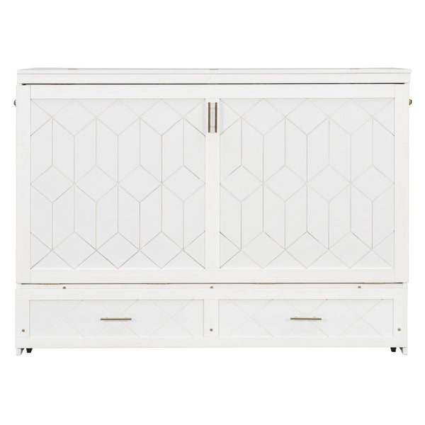 English Elm Queen Murphy Wall Bed Cabinet with Storage Drawer Built-in Power Outlets Usb Ports White LP000400AAK-1