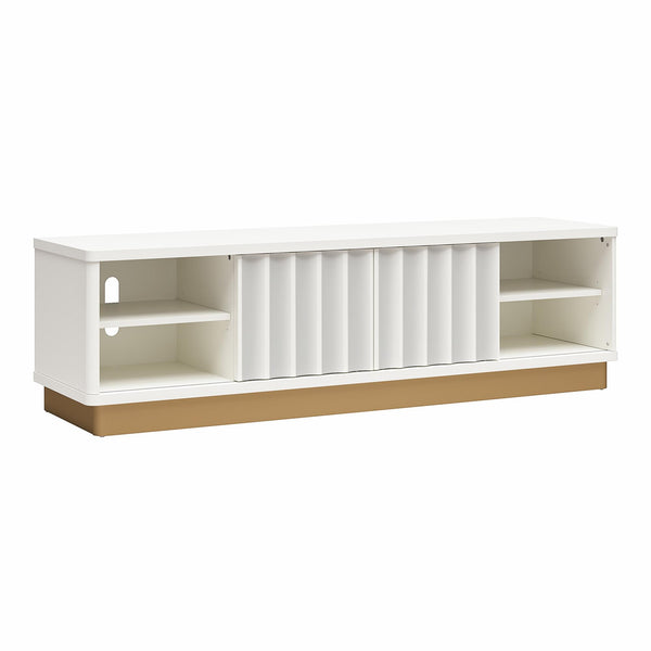 English Elm Rene Glossy White Scalloped TV Stand with Sliding Doors & Gold Base for TVs up to 65" — Chic Organizer B2733P395076