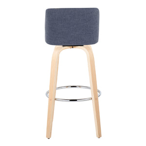 English Elm 30" Swivel Barstools Set of 2 Bentwood Legs Blue Upholstered Seat Chrome Footrest B202S00668