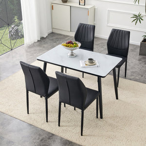 English Elm Table and Chair Set with Marble Glass Top Conical Legs and Four Pu Dining Seats W1151S04661