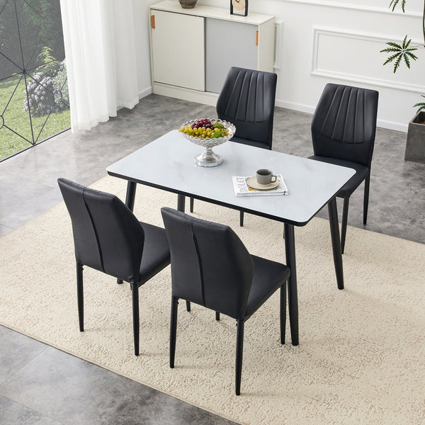 English Elm Table and Chair Set with Marble Glass Top Conical Legs and Four Pu Dining Seats W1151S04661