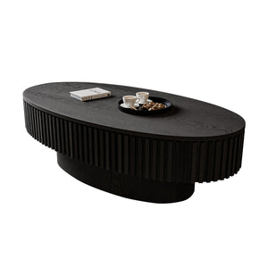 English Elm 47'' Oval Storage Coffee Table Fluted Wood Veneer Lift Lid Sculptural Living Room Accent Black W1435P293221