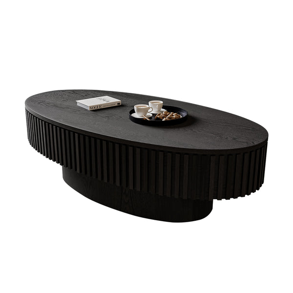 English Elm 47'' Oval Storage Coffee Table Fluted Wood Veneer Lift Lid Sculptural Living Room Accent Black W1435P293221