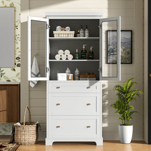 English Elm 70.1" Modern Tall Storage Cabinet with 3 Drawers, 2 Adjustable Shelves, Soft-Close Glass Doors, Gold Handles White N729P271979K