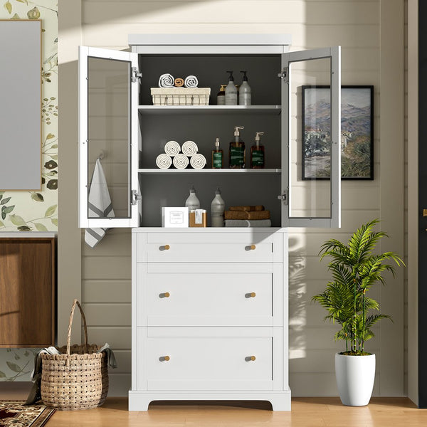English Elm 70.1" Modern Tall Storage Cabinet with 3 Drawers, 2 Adjustable Shelves, Soft-Close Glass Doors, Gold Handles White N729P271979K