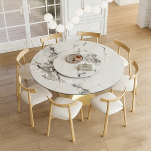English Elm 59" Round Sintered Stone Table Set Seats Eight with Gold Hourglass Base Lazy Susan W2700S00131