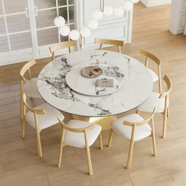 English Elm 59" Round Sintered Stone Table Set Seats Eight with Gold Hourglass Base Lazy Susan W2700S00131