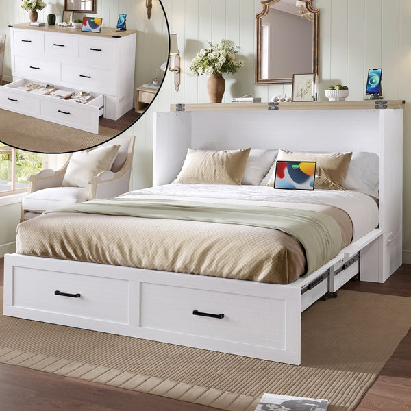 English Elm Murphy Full-Size Cabinet Bed with Built-In Charging Station, Storage Drawer & 700lb Capacity Comfort White 57.25 L x 27 W x 6 H N733S293997W