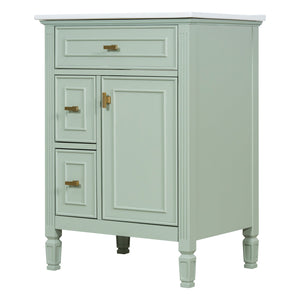 English Elm 24-Inch Bathroom Vanity with Sink, Solid Wood & MDF, Ceramic Top, Gold Handles, Flip Drawer Design Green N725P350824F