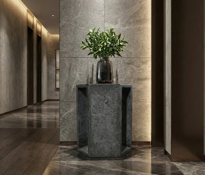 English Elm Genuine Solid Marble Hexagonal Pedestal End Table Polished Stone for Modern Living Dark Gray W1696P408001