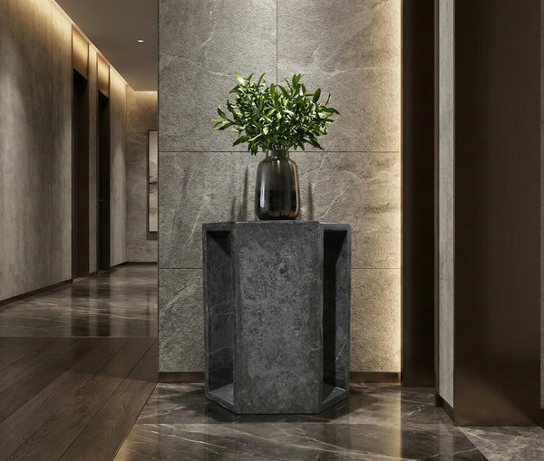 English Elm Genuine Solid Marble Hexagonal Pedestal End Table Polished Stone for Modern Living Dark Gray W1696P408001